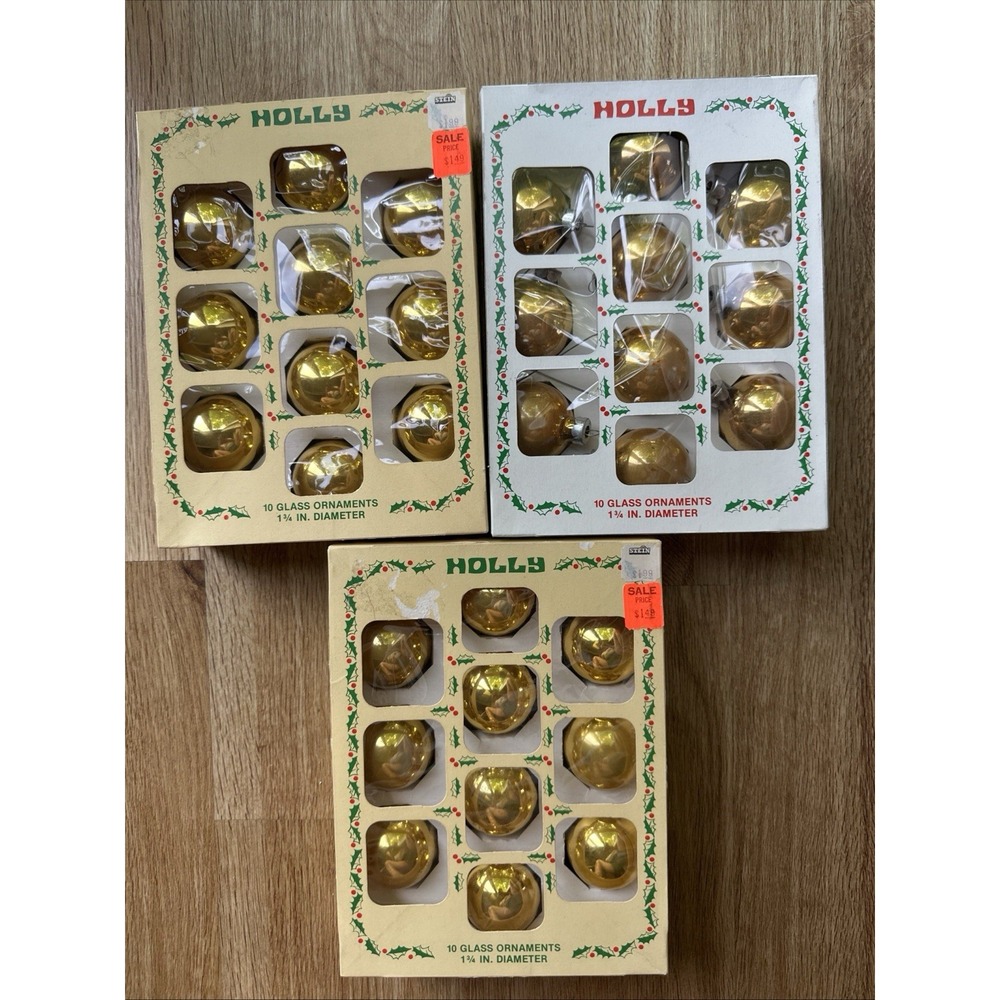 Vtg Holly Glass Ornaments 1-3/4" Gold 3 Boxes of 10 Reflective Christmas Balls